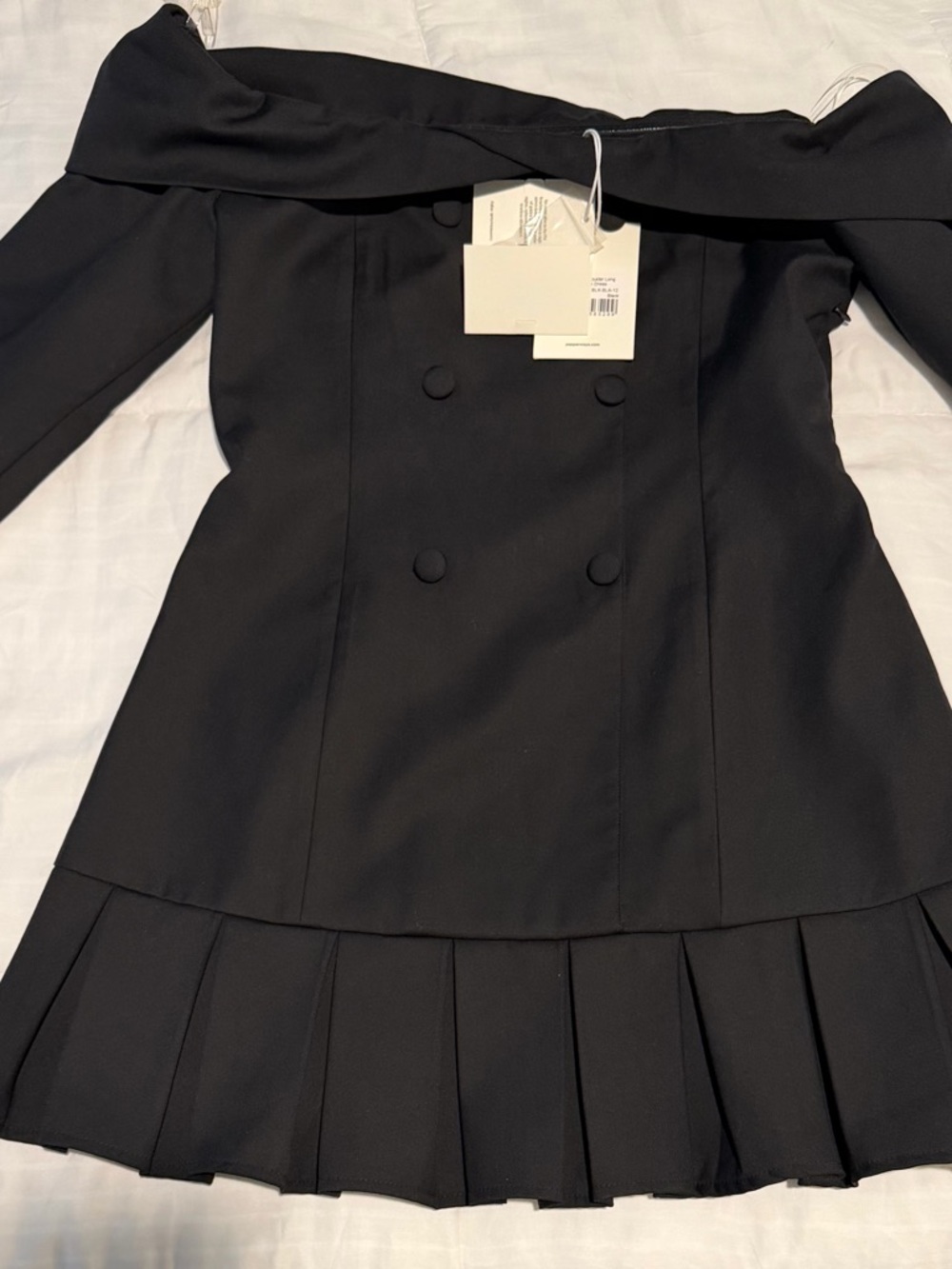 Off-the-Shoulder Black Pleated Hem Dress